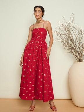 Fuchsia Foil Print Strappy Front Button Maxi Dress-Pink Paprika By SASSAFRAS
