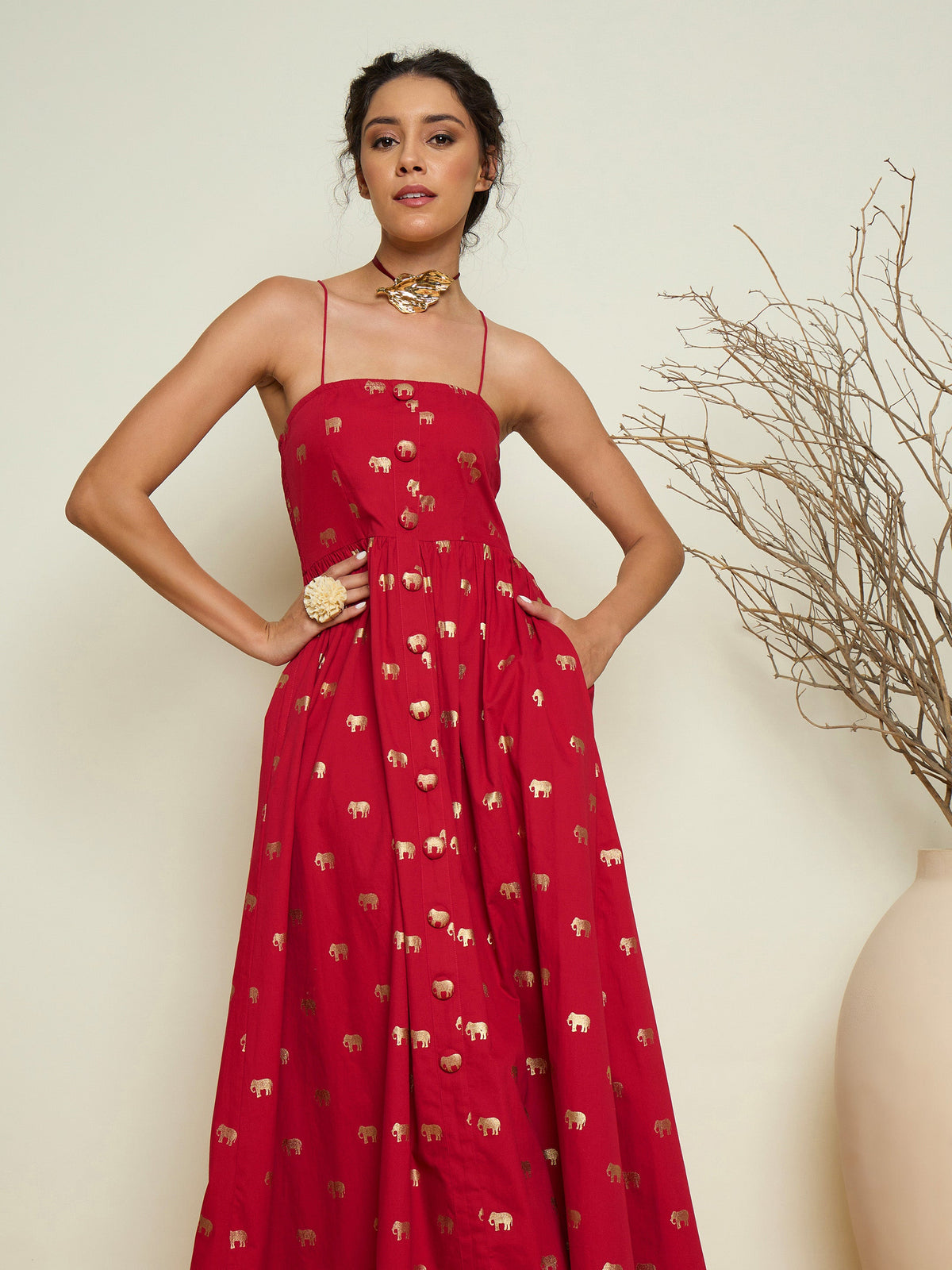 Fuchsia Foil Print Strappy Front Button Maxi Dress-Pink Paprika By SASSAFRAS