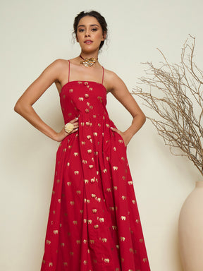 Fuchsia Foil Print Strappy Front Button Maxi Dress-Pink Paprika By SASSAFRAS