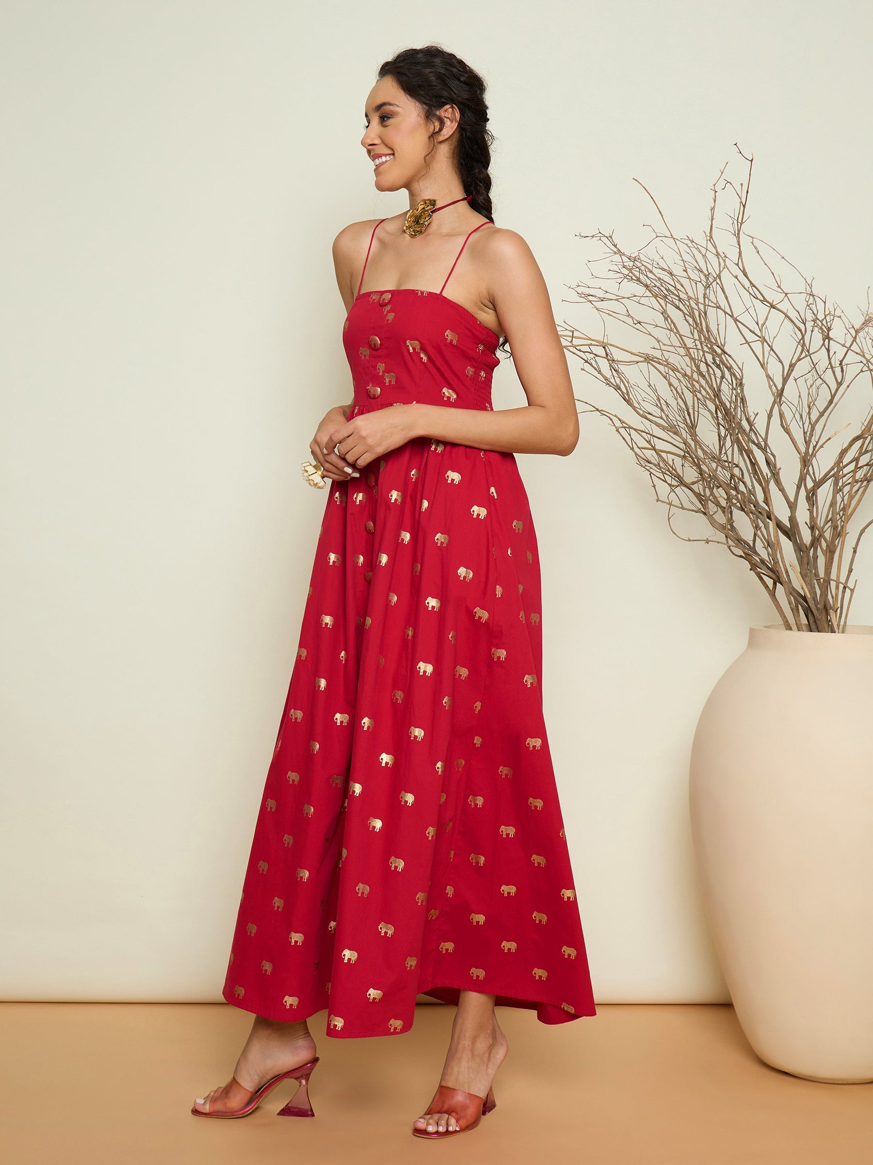 Fuchsia Foil Print Strappy Front Button Maxi Dress-Pink Paprika By SASSAFRAS
