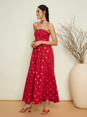 Fuchsia Foil Print Strappy Front Button Maxi Dress-Pink Paprika By SASSAFRAS