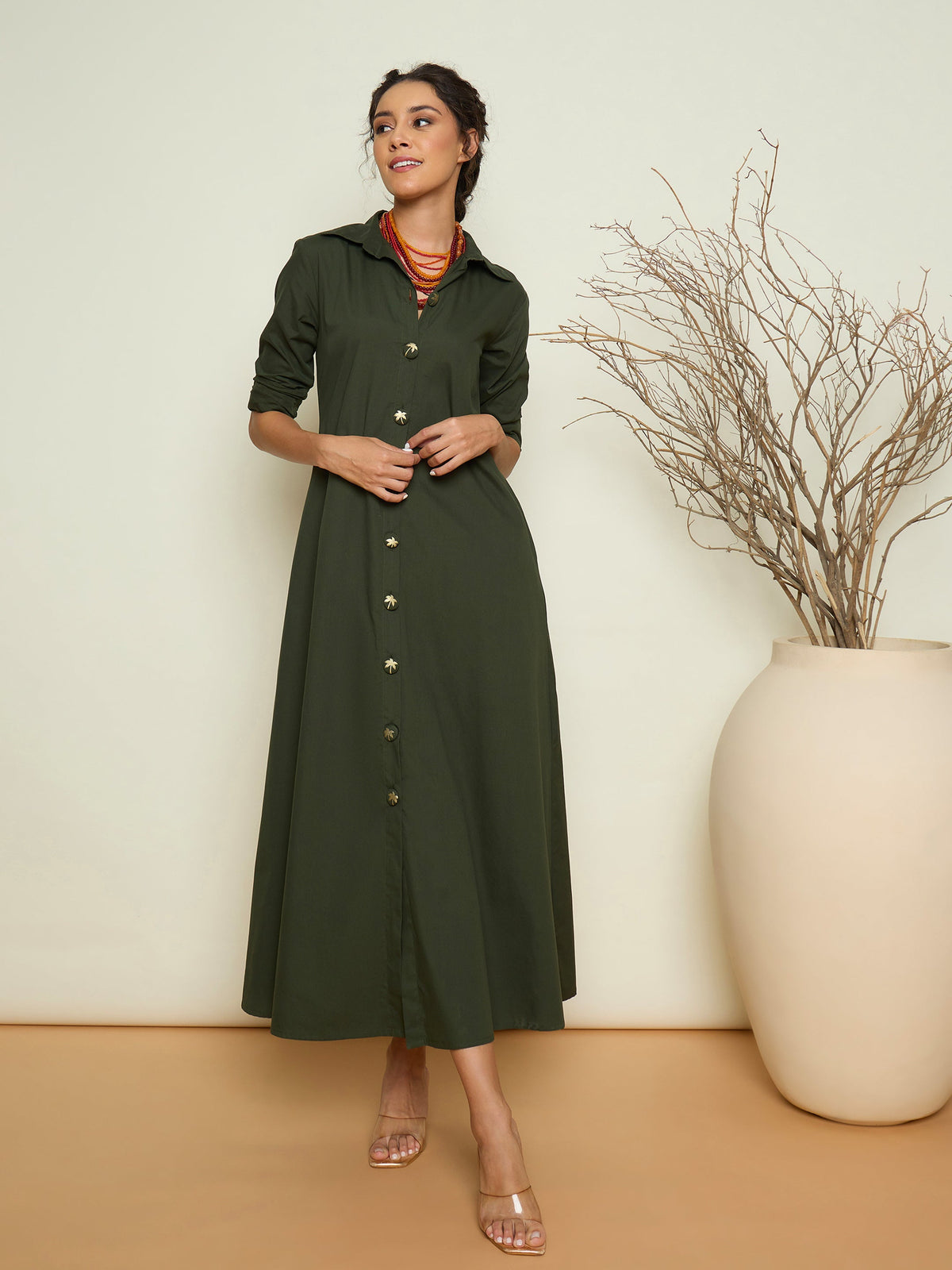 Olive Foil Print Longline Shirt Dress-Pink Paprika By SASSAFRAS