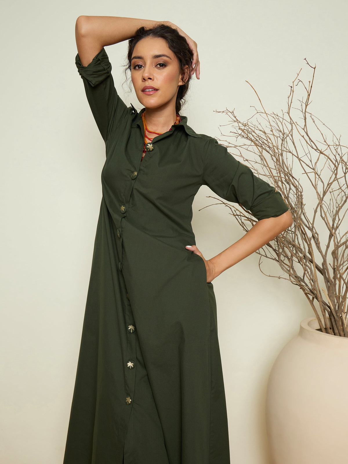 Olive Foil Print Longline Shirt Dress-Pink Paprika By SASSAFRAS