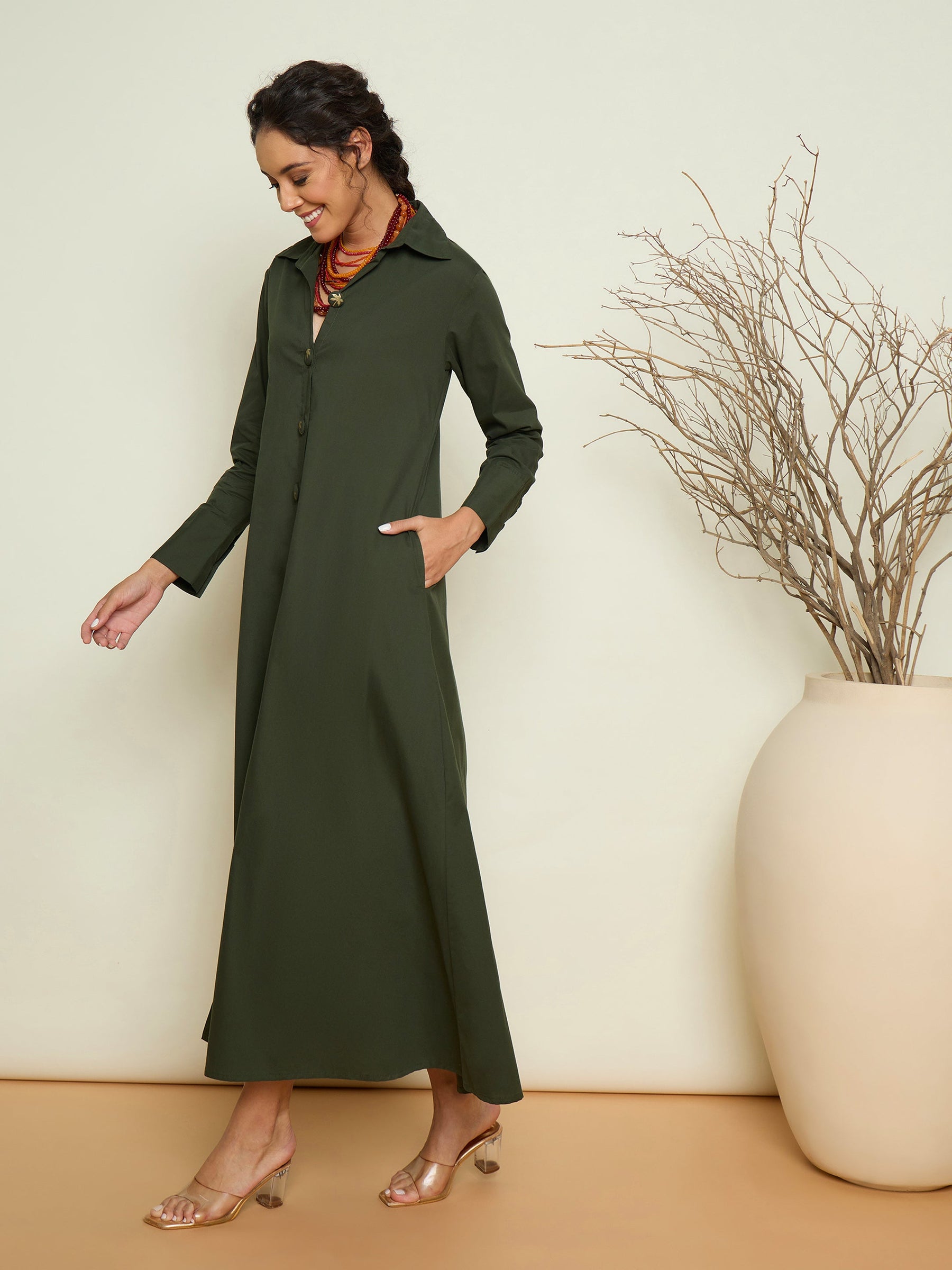 Olive Foil Print Longline Shirt Dress-Pink Paprika By SASSAFRAS