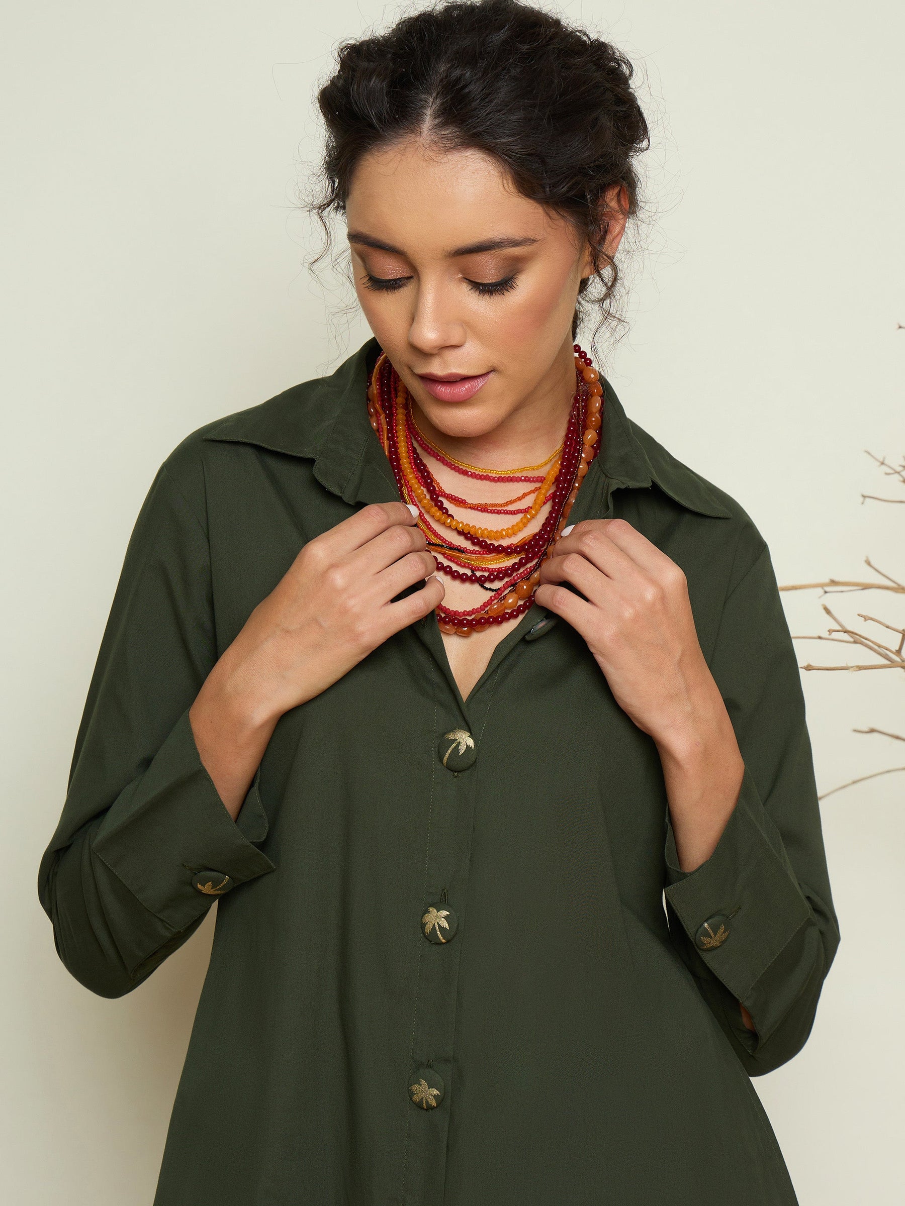 Olive Foil Print Longline Shirt Dress-Pink Paprika By SASSAFRAS