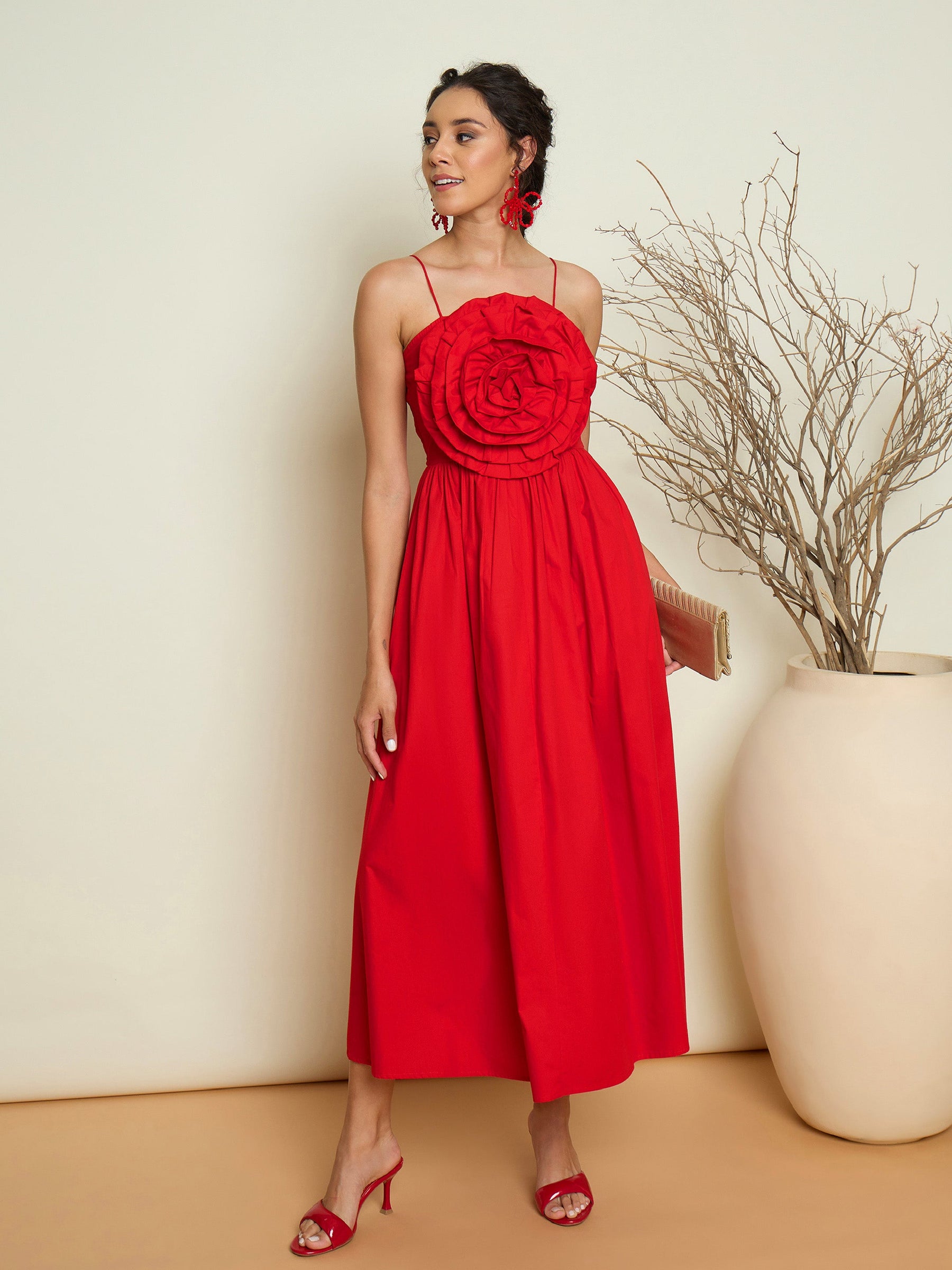 Red Poplin Front Corsage Strappy Maxi Dress-Pink Paprika By SASSAFRAS