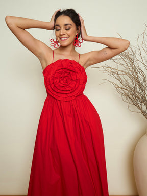 Red Poplin Front Corsage Strappy Maxi Dress-Pink Paprika By SASSAFRAS