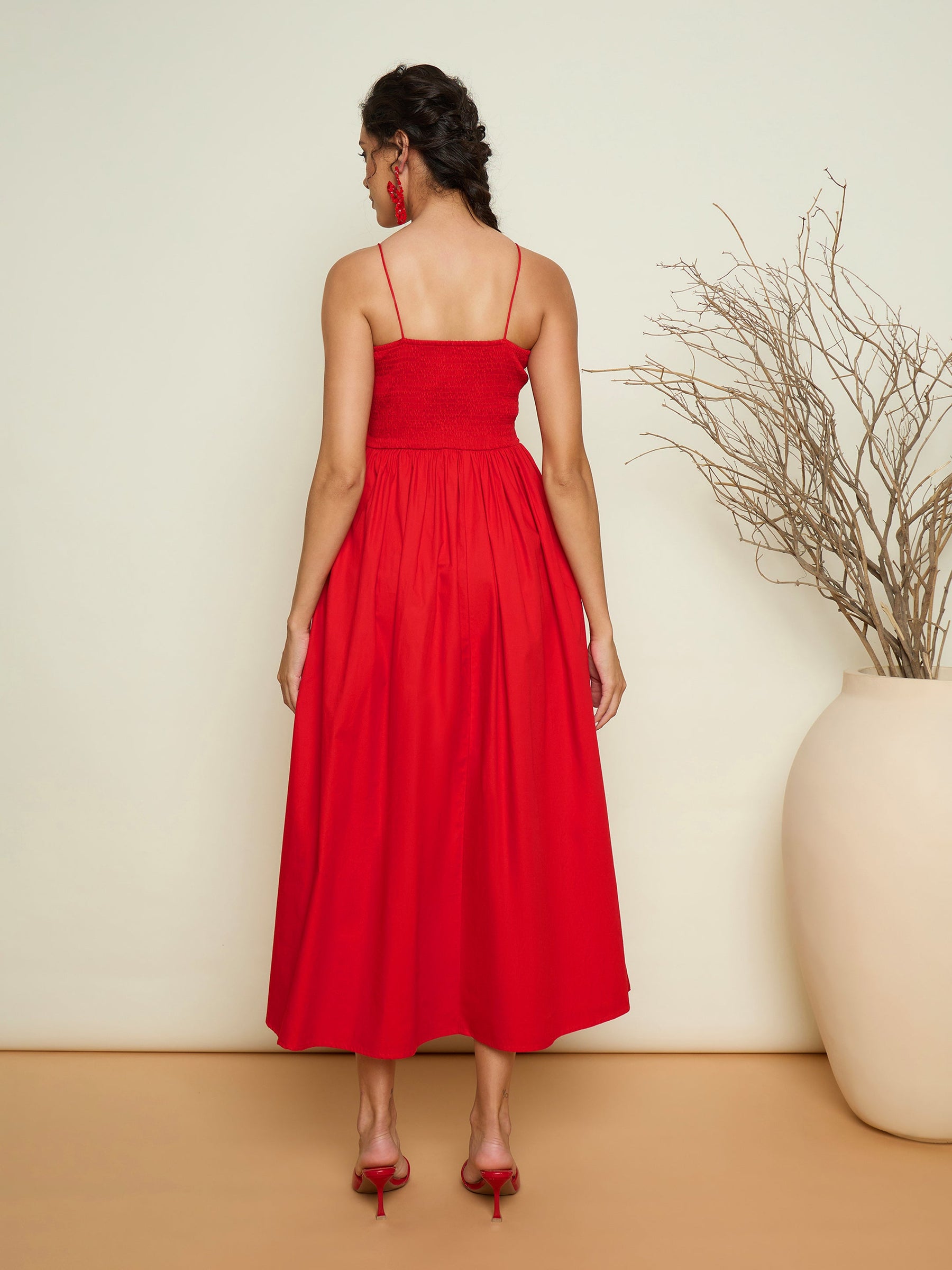 Red Poplin Front Corsage Strappy Maxi Dress-Pink Paprika By SASSAFRAS