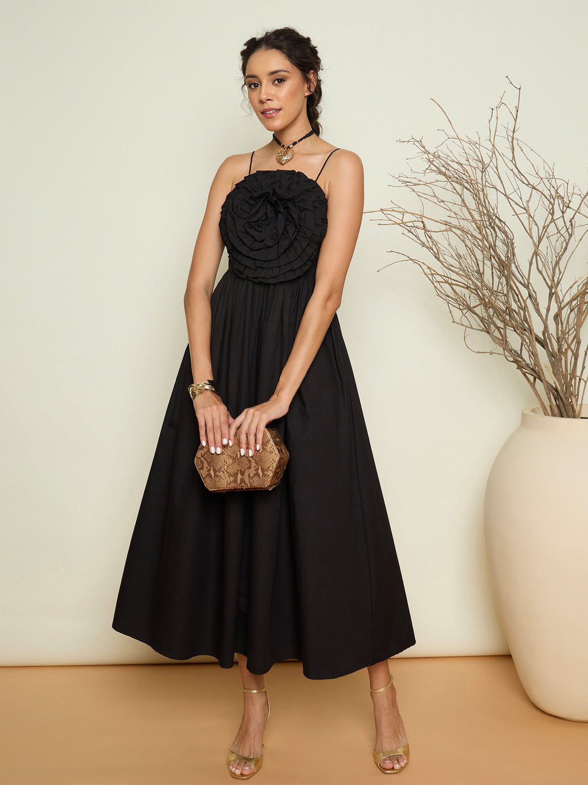Black Poplin Front Corsage Strappy Maxi Dress-Pink Paprika By SASSAFRAS
