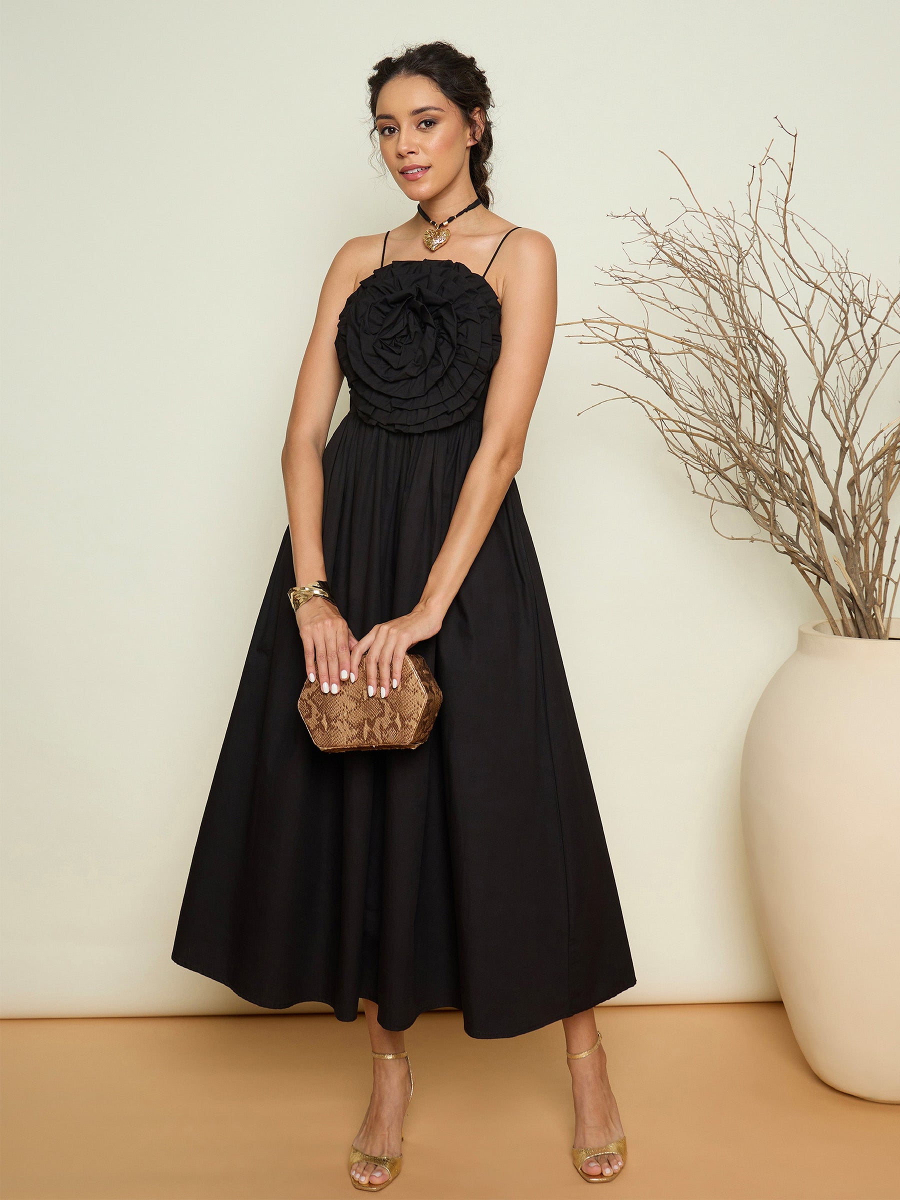 Black Poplin Front Corsage Strappy Maxi Dress-Pink Paprika By SASSAFRAS