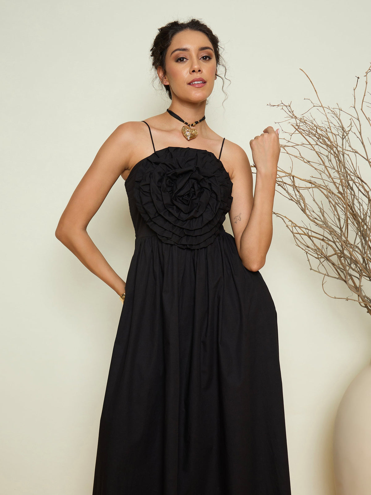 Black Poplin Front Corsage Strappy Maxi Dress-Pink Paprika By SASSAFRAS