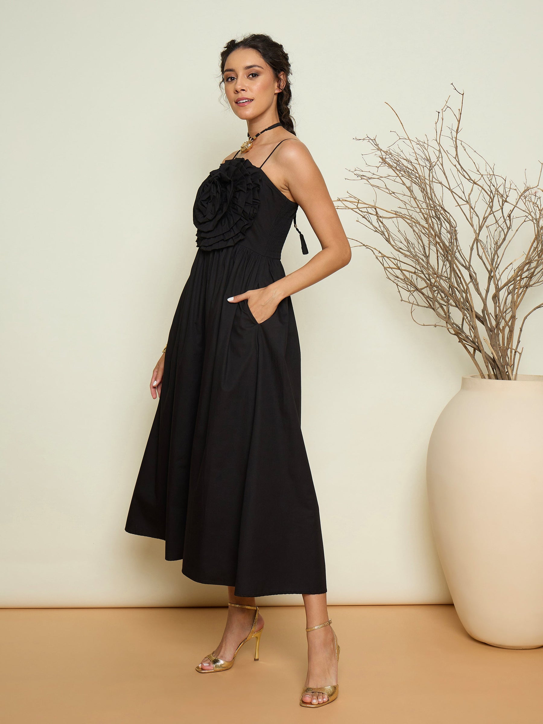Black Poplin Front Corsage Strappy Maxi Dress-Pink Paprika By SASSAFRAS