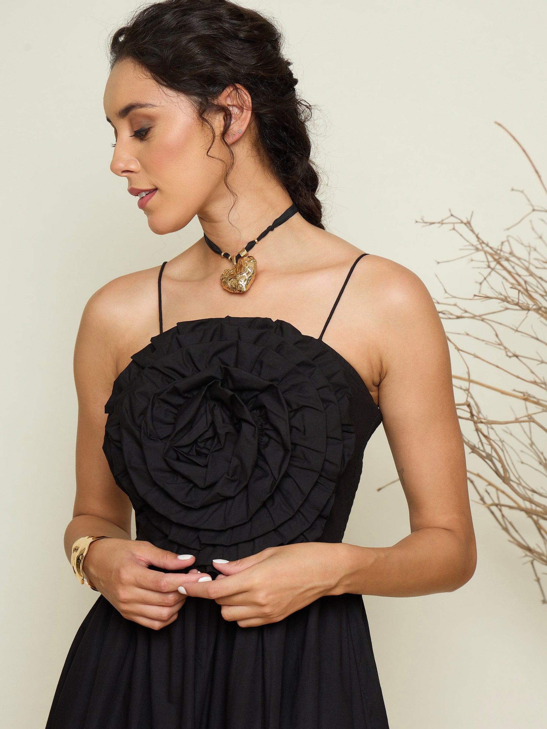 Black Poplin Front Corsage Strappy Maxi Dress-Pink Paprika By SASSAFRAS