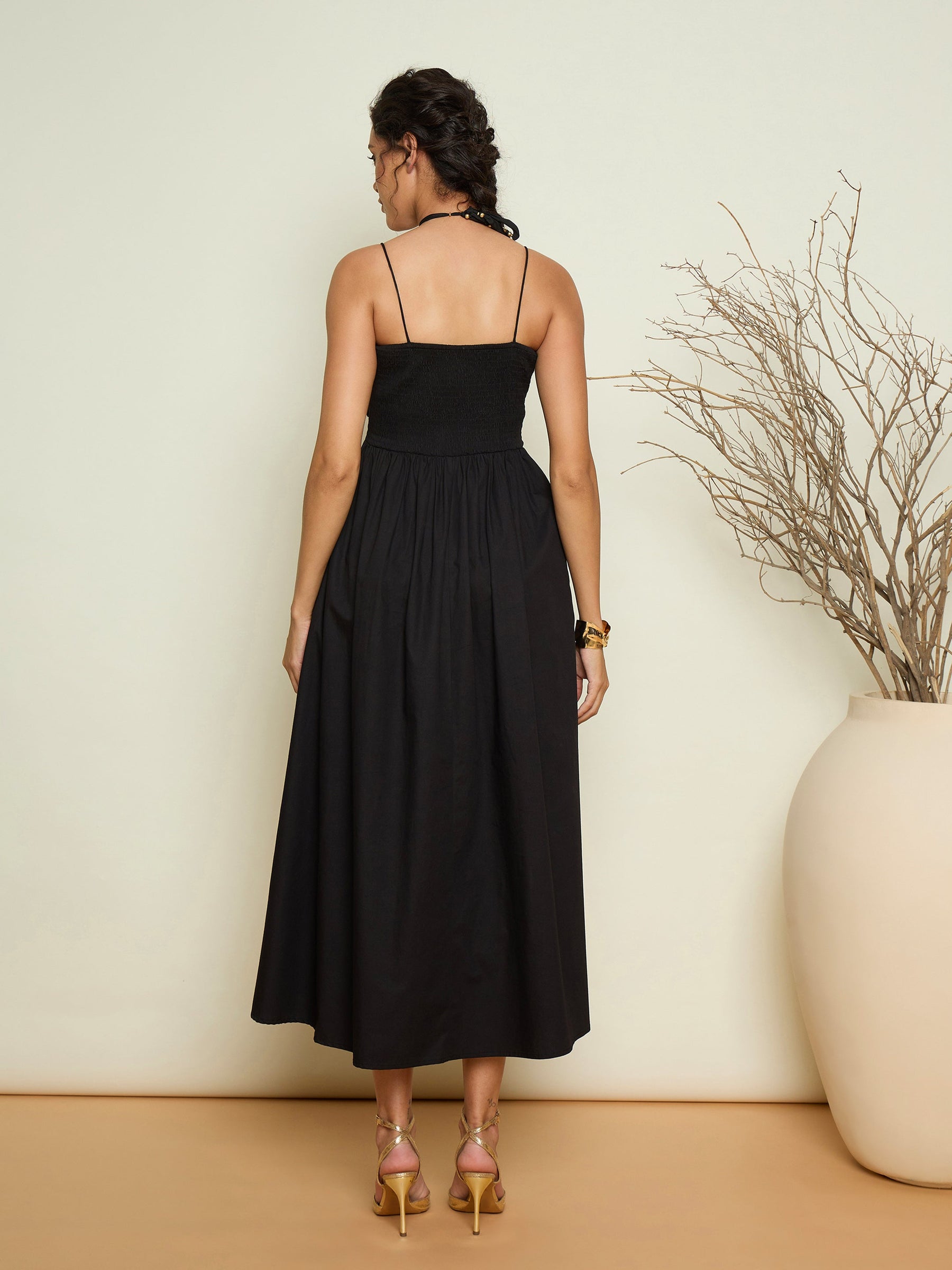 Black Poplin Front Corsage Strappy Maxi Dress-Pink Paprika By SASSAFRAS