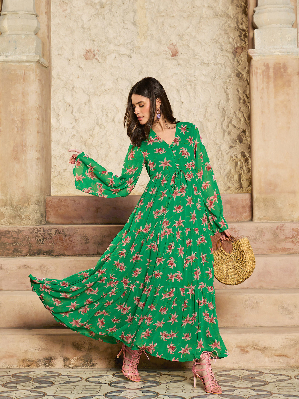 Green Floral V-Neck Front Drawstring Maxi Dress-SASSAFRAS