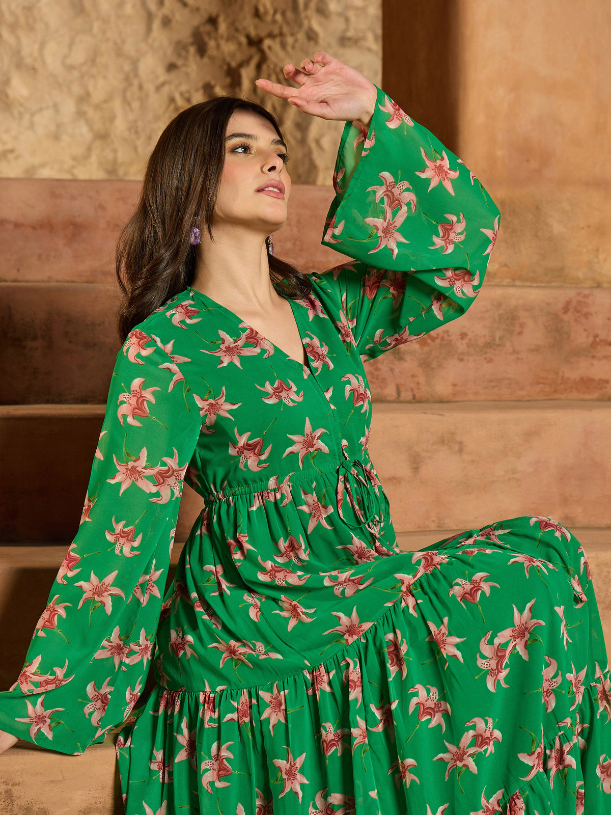 Green Floral V-Neck Front Drawstring Maxi Dress-SASSAFRAS