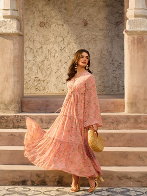 Pink Floral V-Neck Front Drawstring Maxi Dress-SASSAFRAS