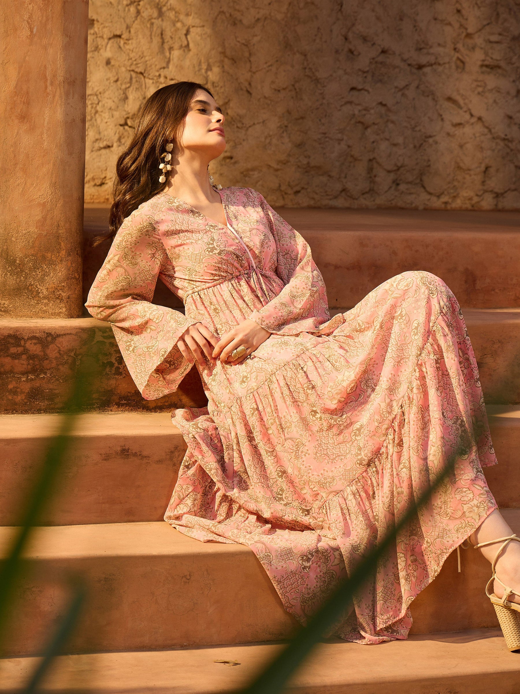 Pink Floral V-Neck Front Drawstring Maxi Dress-SASSAFRAS