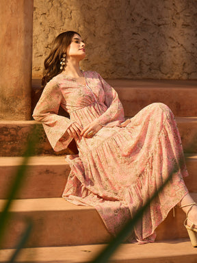 Pink Floral V-Neck Front Drawstring Maxi Dress-SASSAFRAS