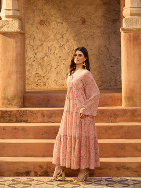 Pink Floral V-Neck Front Drawstring Maxi Dress-SASSAFRAS