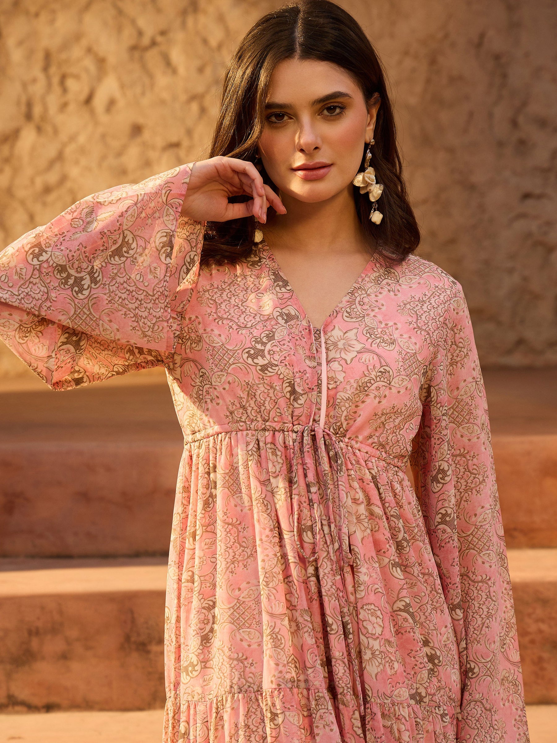 Pink Floral V-Neck Front Drawstring Maxi Dress-SASSAFRAS