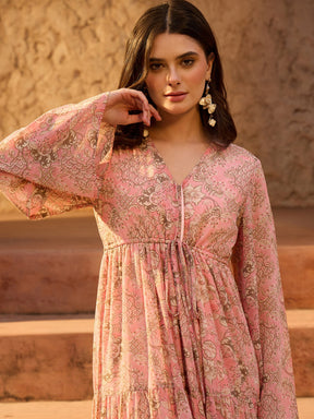 Pink Floral V-Neck Front Drawstring Maxi Dress-SASSAFRAS