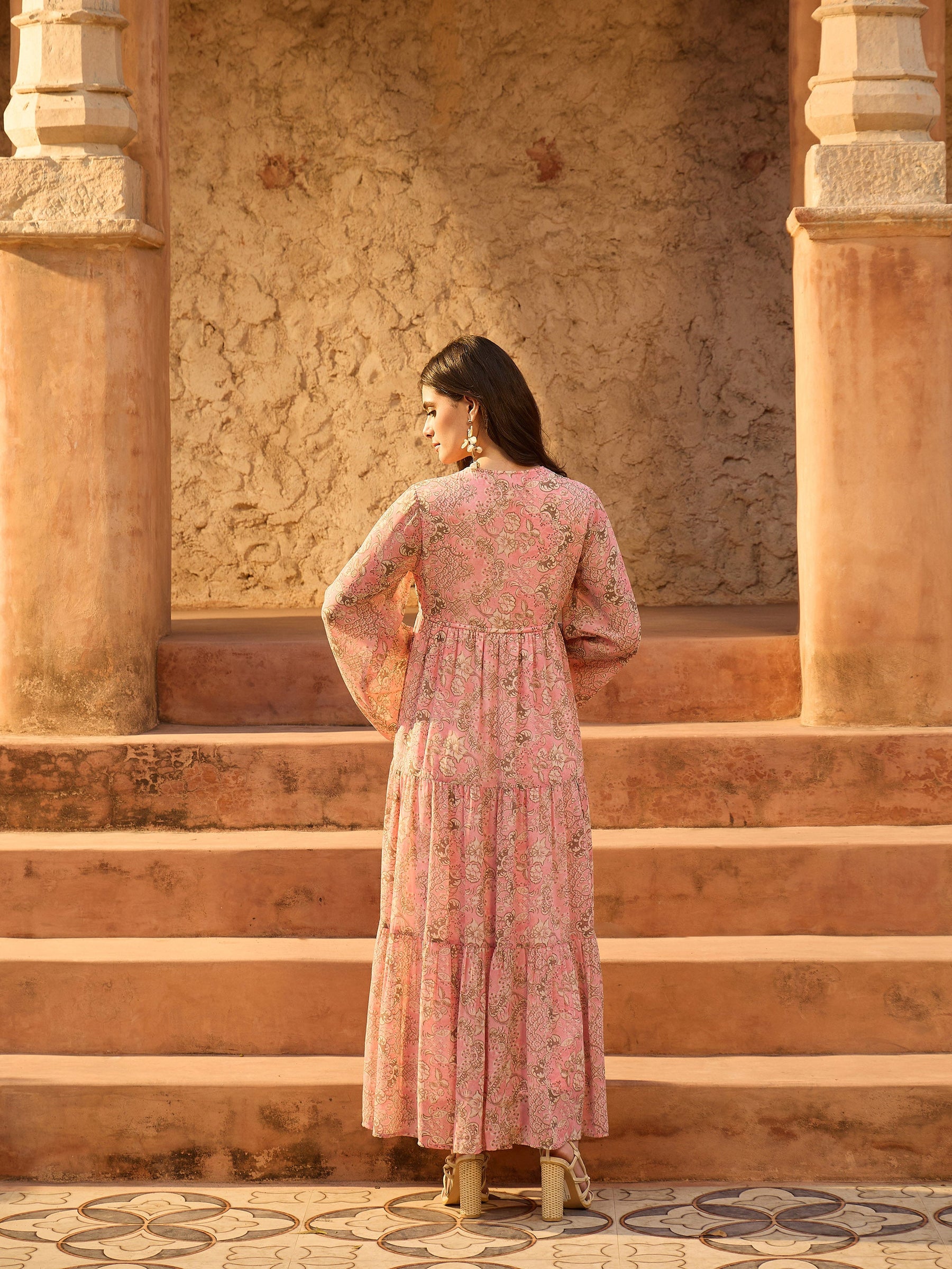 Pink Floral V-Neck Front Drawstring Maxi Dress-SASSAFRAS