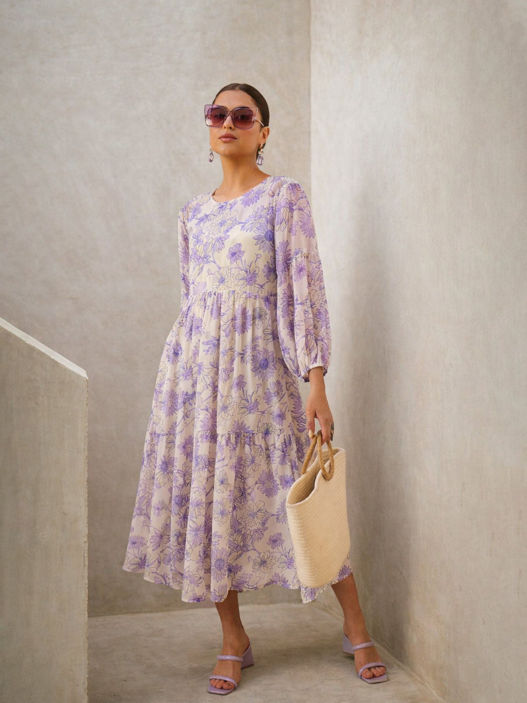 White Floral Round Neck Balloon Sleeve Midi Dress-SASSAFRAS