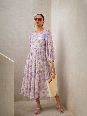 White Floral Round Neck Balloon Sleeve Midi Dress-SASSAFRAS