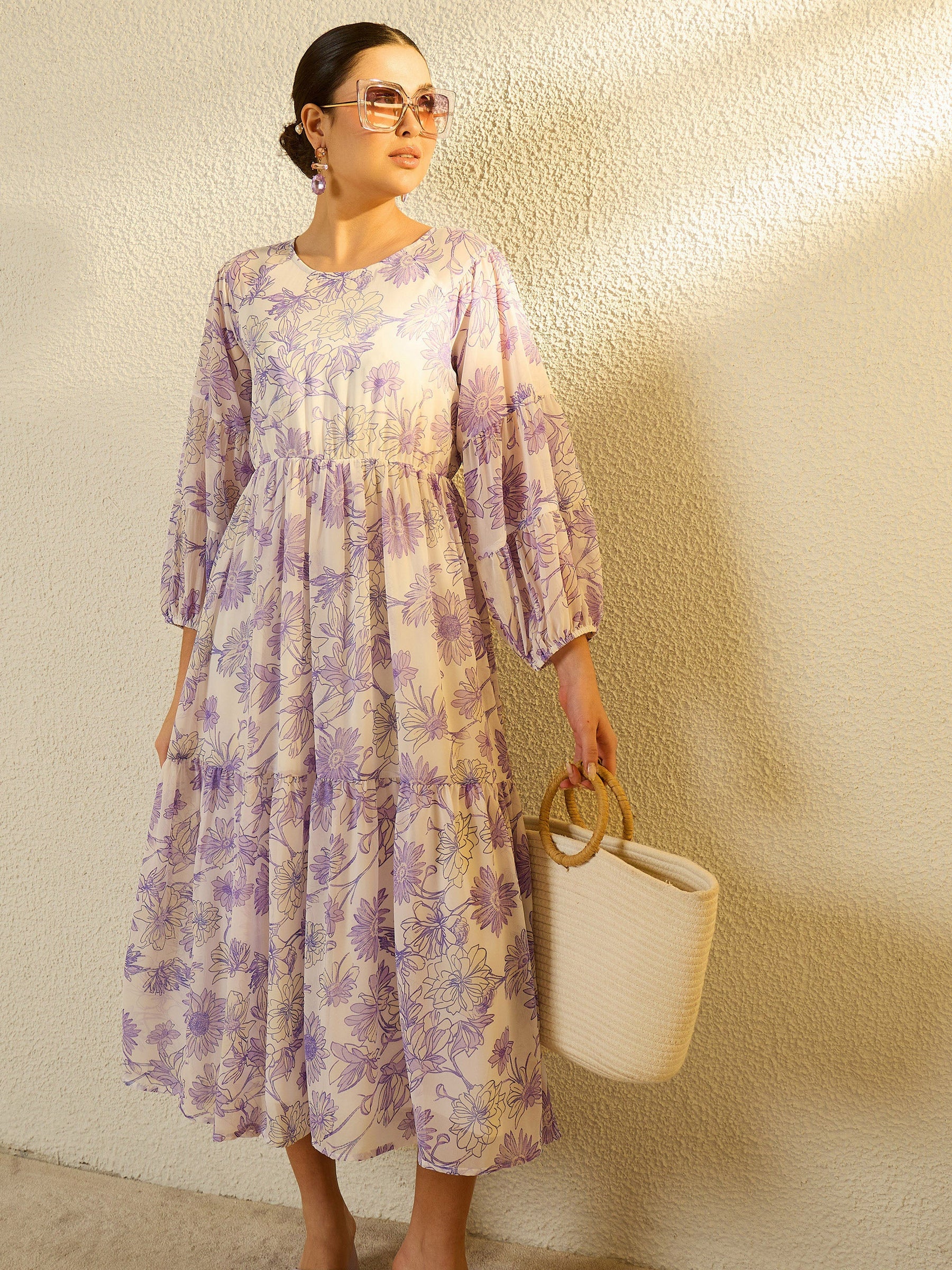 White Floral Round Neck Balloon Sleeve Midi Dress-SASSAFRAS