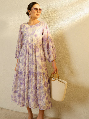 White Floral Round Neck Balloon Sleeve Midi Dress-SASSAFRAS