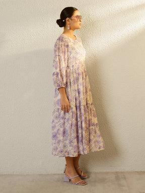 White Floral Round Neck Balloon Sleeve Midi Dress-SASSAFRAS