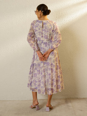 White Floral Round Neck Balloon Sleeve Midi Dress-SASSAFRAS