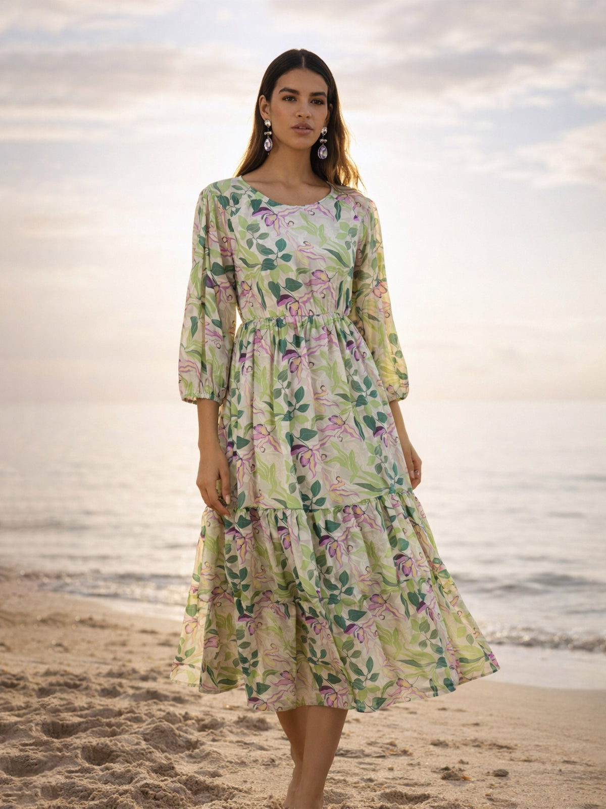 Off White Floral Round Neck Balloon Sleeve Midi Dress-SASSAFRAS