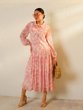 White & Pink Floral Front Button Down Midi Dress-SASSAFRAS