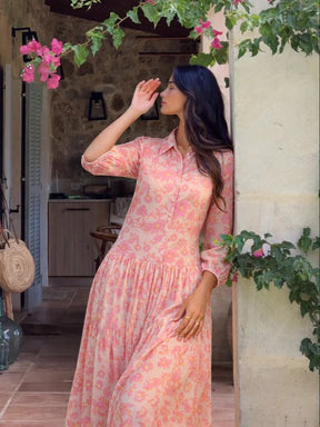 White & Pink Floral Front Button Down Midi Dress-SASSAFRAS