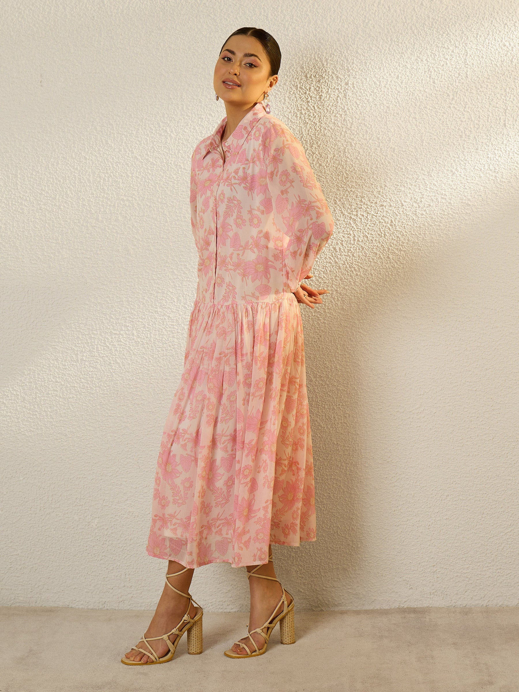 White & Pink Floral Front Button Down Midi Dress-SASSAFRAS