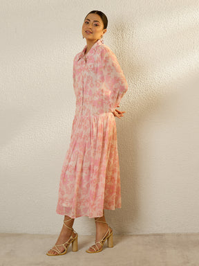 White & Pink Floral Front Button Down Midi Dress-SASSAFRAS