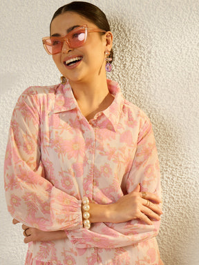 White & Pink Floral Front Button Down Midi Dress-SASSAFRAS