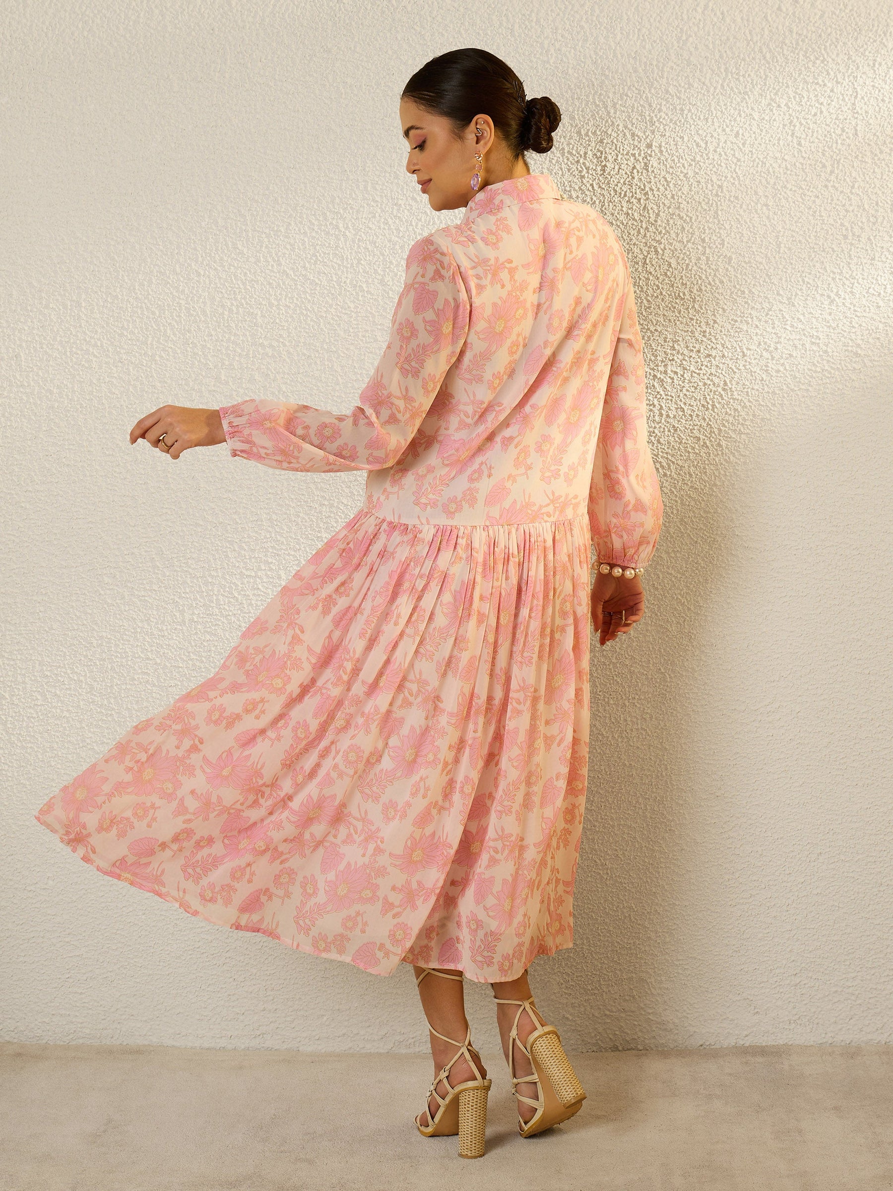 White & Pink Floral Front Button Down Midi Dress-SASSAFRAS
