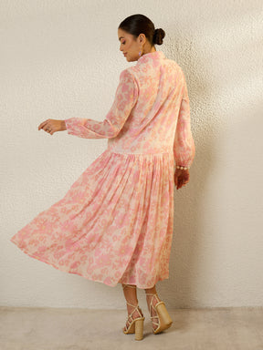 White & Pink Floral Front Button Down Midi Dress-SASSAFRAS
