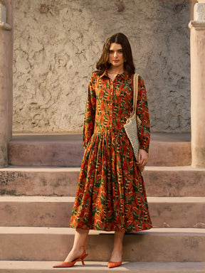 Rust Tropical Print Front Button Down Midi Dress-SASSAFRAS