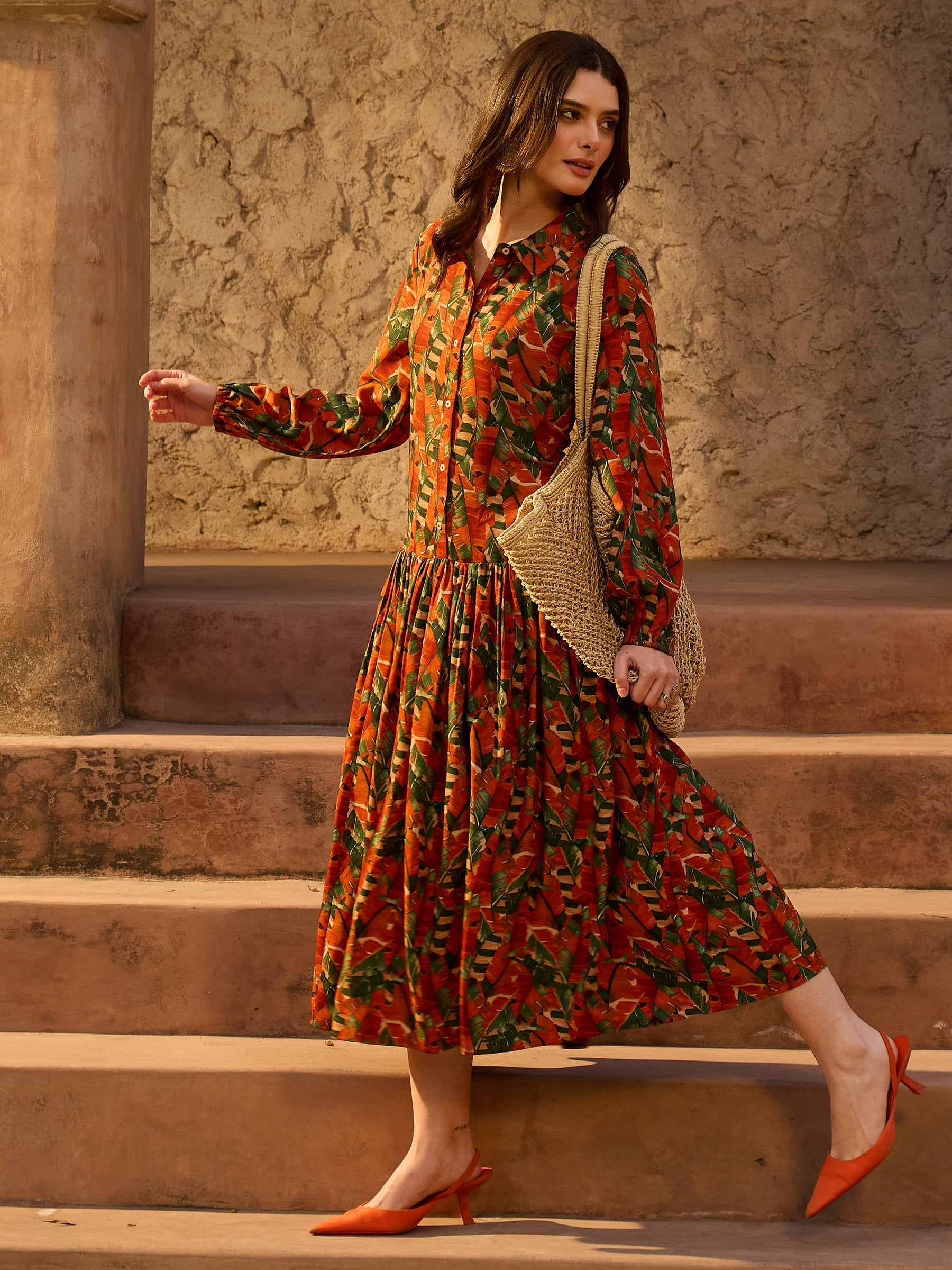 Rust Tropical Print Front Button Down Midi Dress-SASSAFRAS