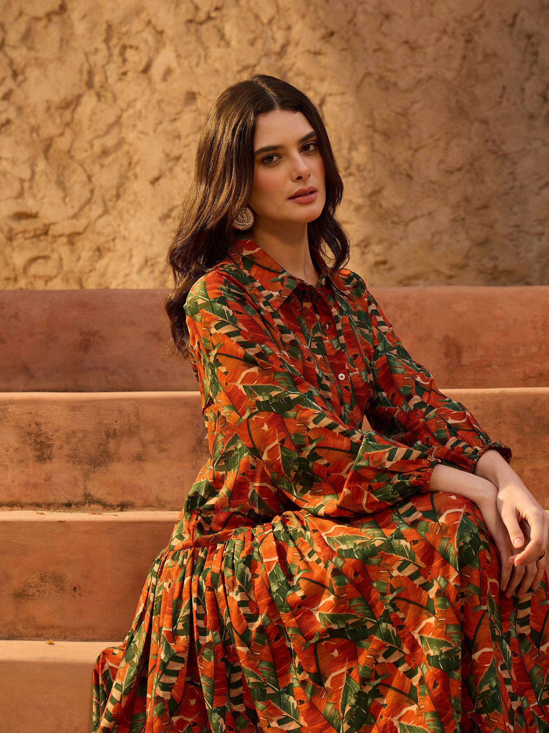 Rust Tropical Print Front Button Down Midi Dress-SASSAFRAS