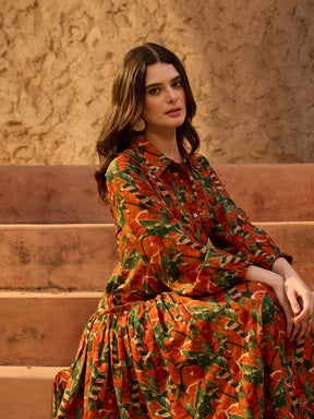 Rust Tropical Print Front Button Down Midi Dress-SASSAFRAS
