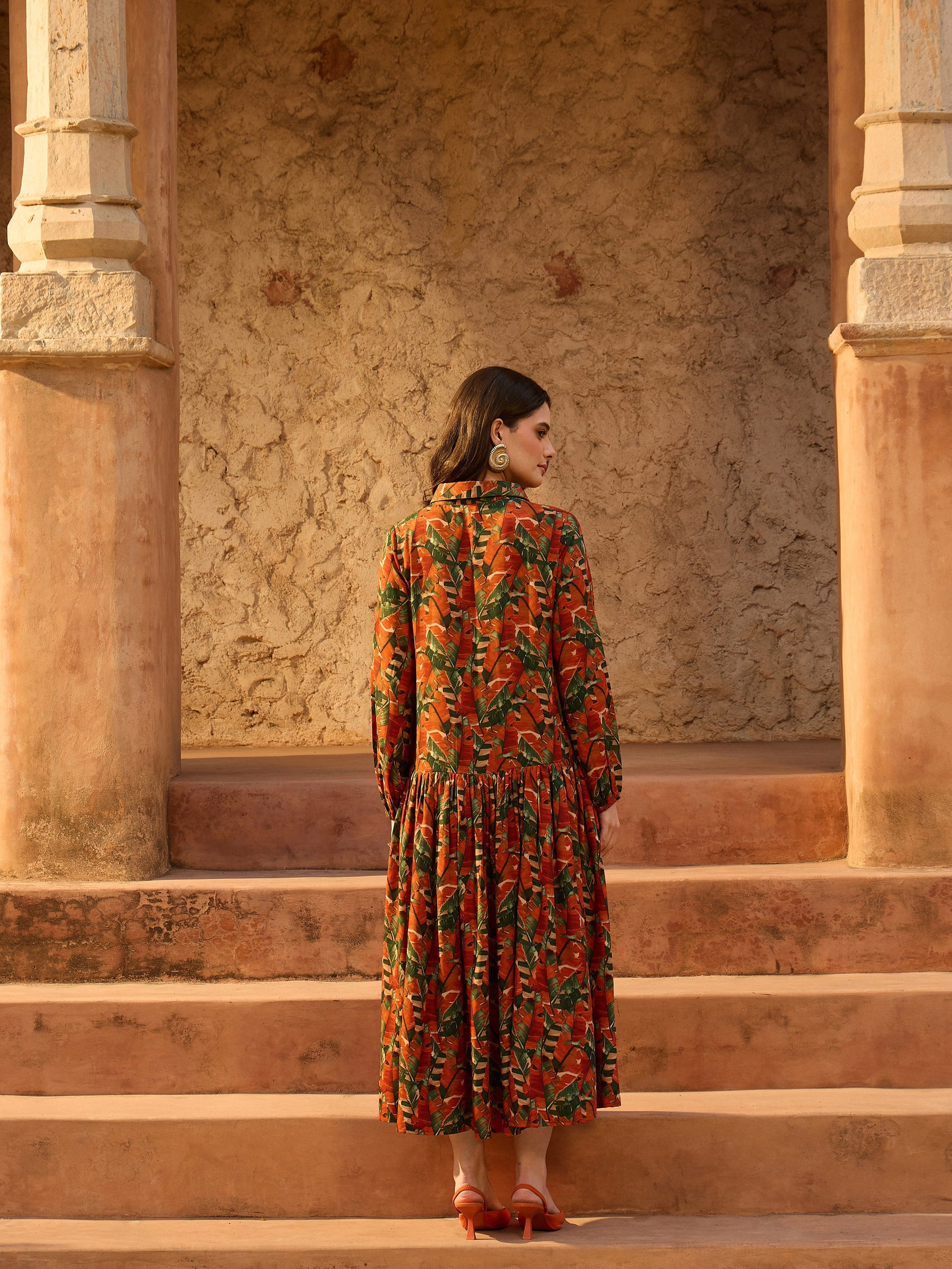 Rust Tropical Print Front Button Down Midi Dress-SASSAFRAS