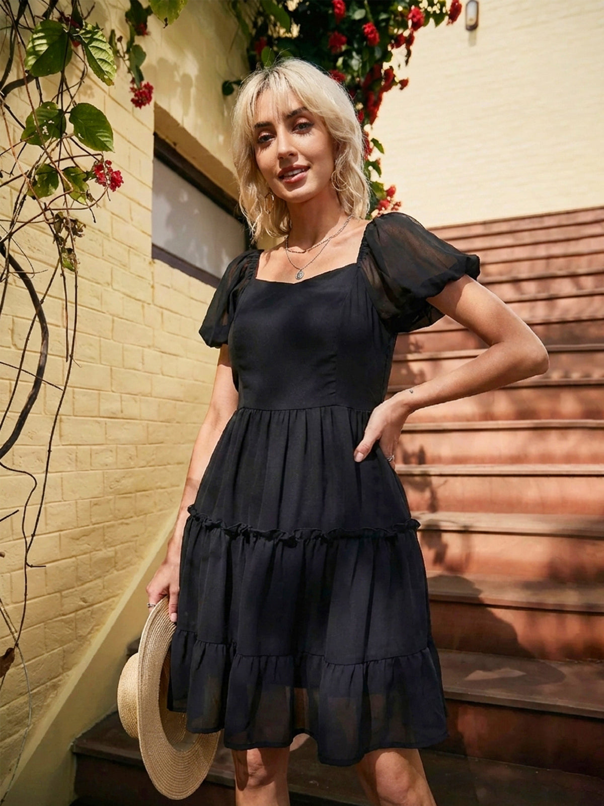 Black Sweetheart Neck Short Skater Dress-SASSAFRAS