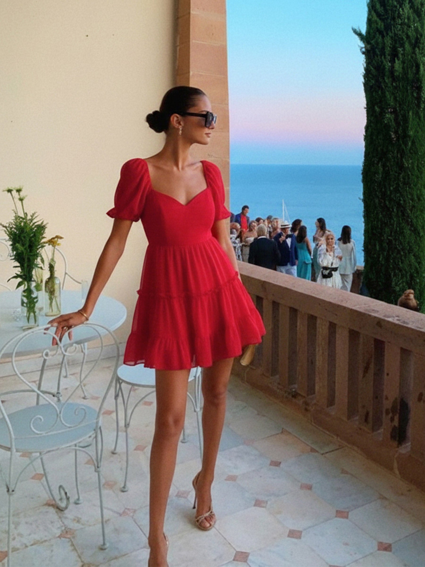 Red Sweetheart Neck Short Skater Dress-SASSAFRAS