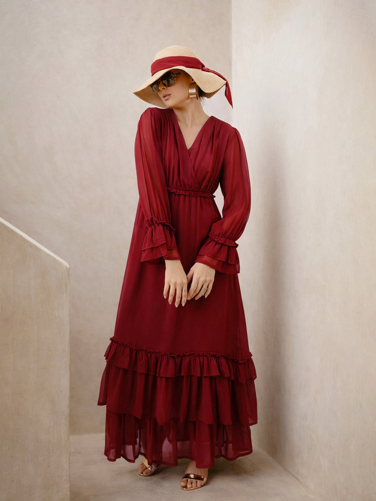 Maroon V-Neck Flared Maxi Dress-SASSAFRAS