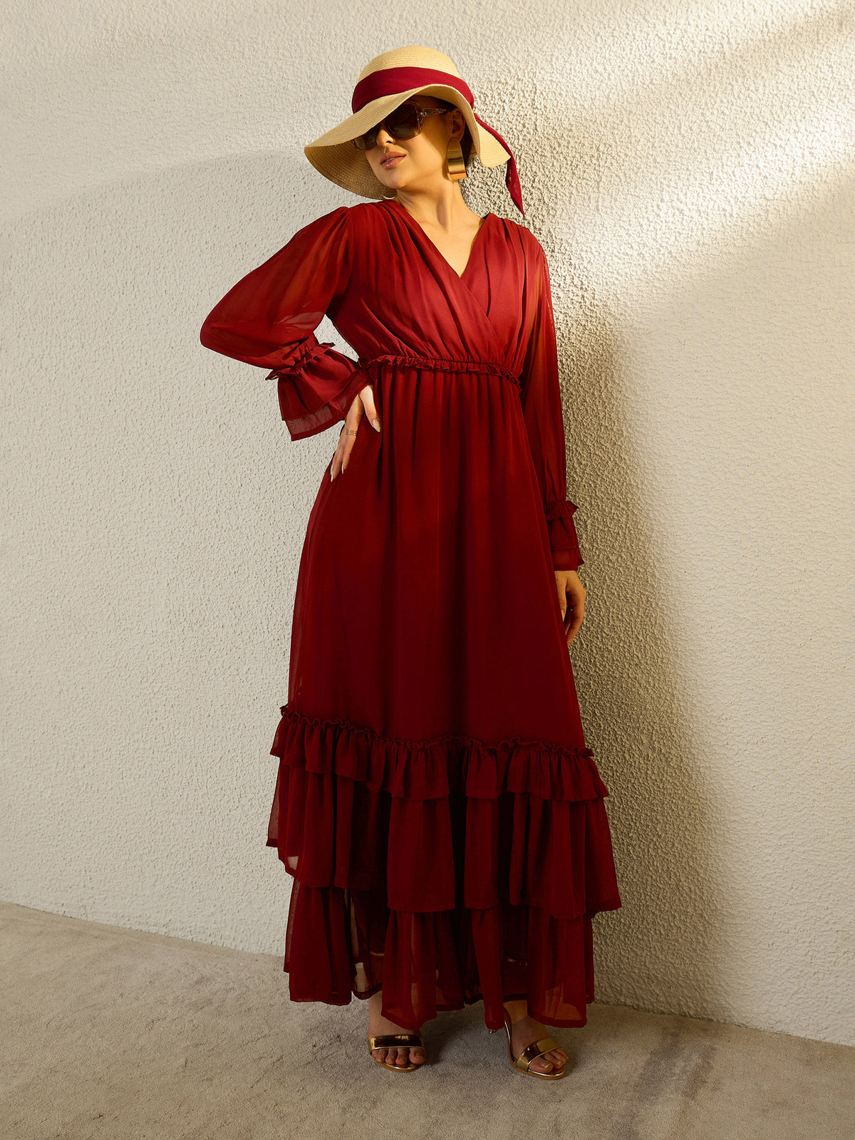 Maroon V-Neck Flared Maxi Dress-SASSAFRAS